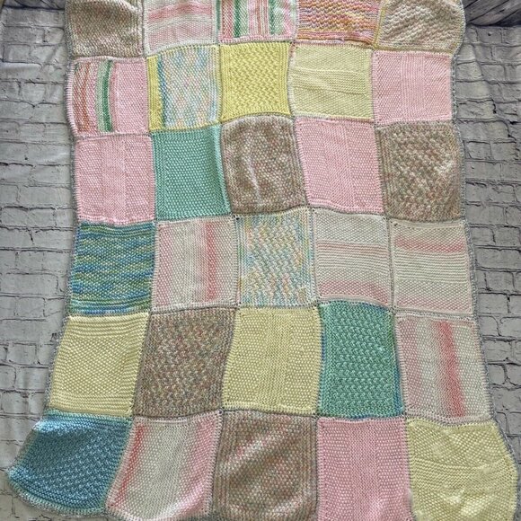 Vtg Shabby Chic Handmade Crocheted Blanket 45” X 55” Pastel‎ Colors Cottage Core